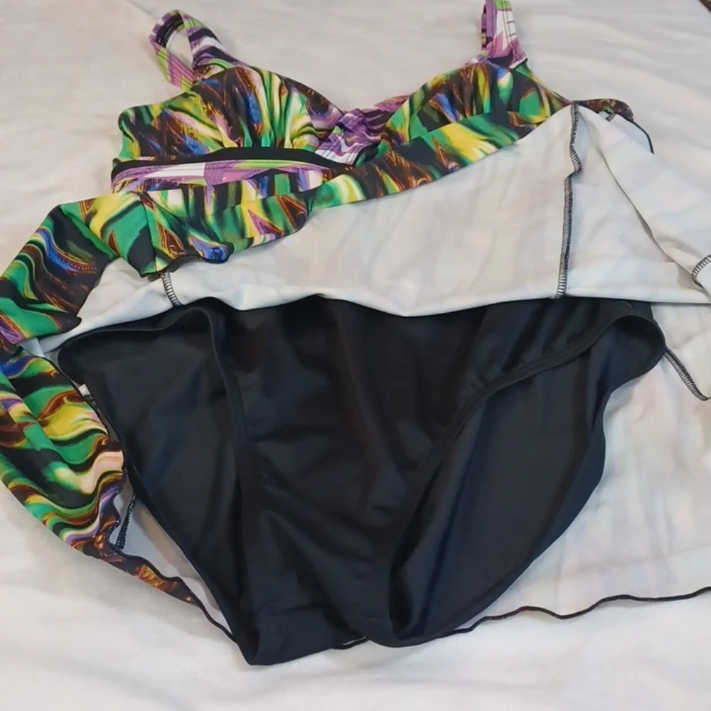 septangle purple green abstract swim dress tankini flattering vacation ready 14